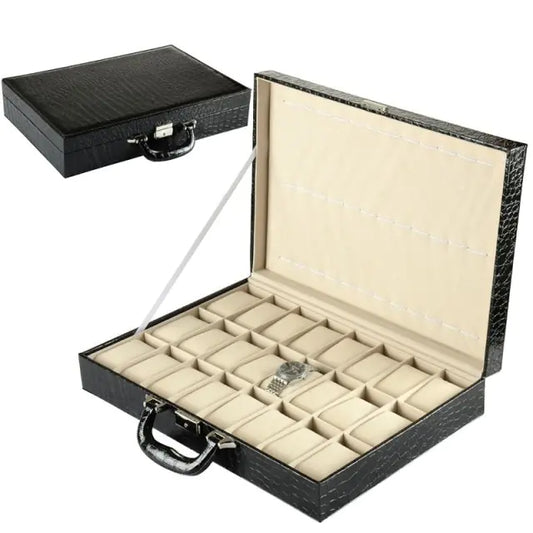 36-Position Black Crocodile Pattern Watch Box Display